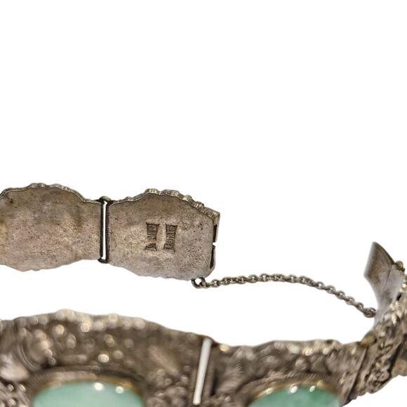 Vintage Chinese Export Silver Jadeite Bracelet Filigree Scrollwork Art Deco - Picture 6 of 8